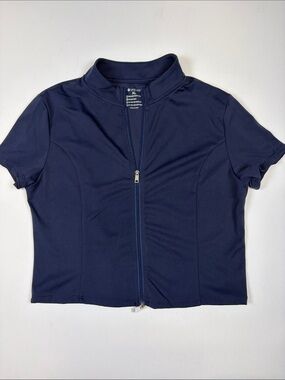 LASLULU NAVY SHORT SLEEVE ZIP FRONT ATHLETIC JACKET TOP SIZE XL